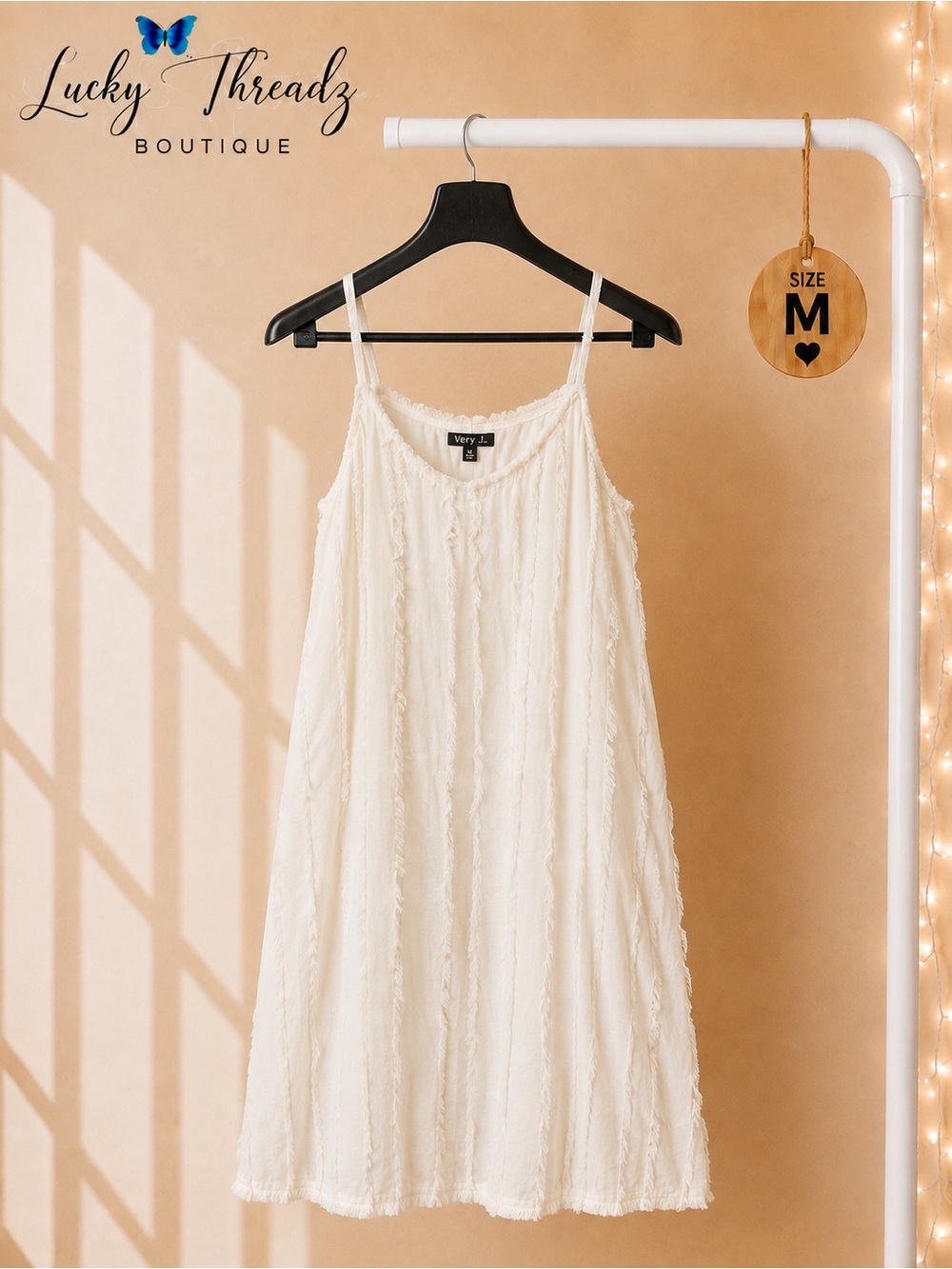 Very J Off White Cotton Frayed Stripe Mini Dress M